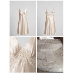 Belle Nuit Champagne Satin Lace Trim Slip Dress Nightgown V-Neck Adjustable